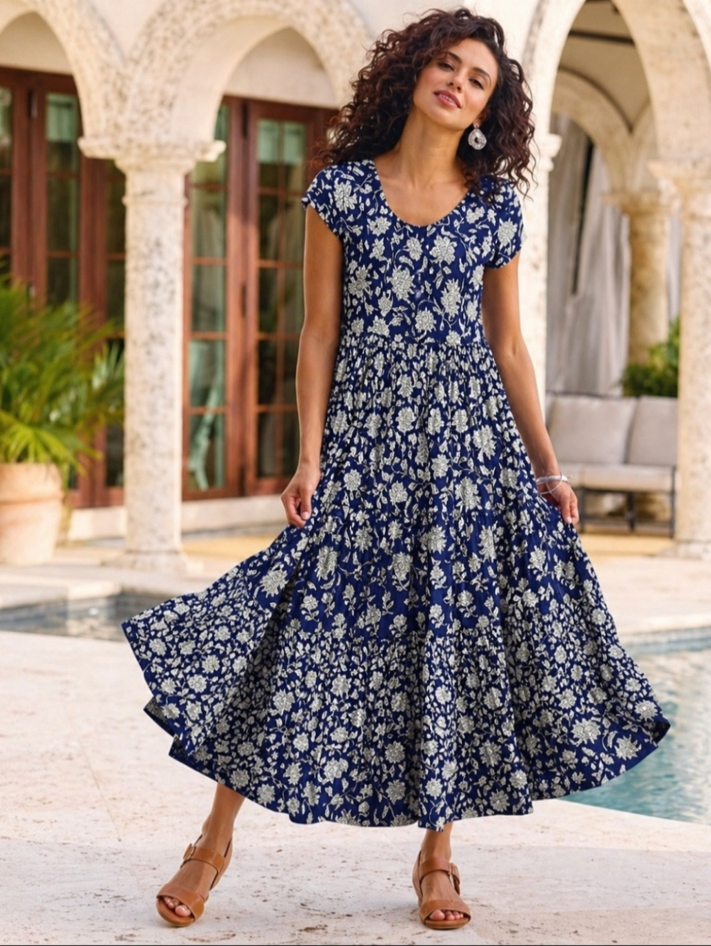 Soft Surroundings PL Cotton Floral Navy Blue Maxi Dress Petite Large